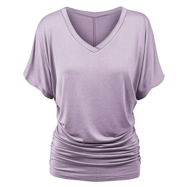 Fashion Women Plus Size Solid V-Neck Batwing Sleeve Fold Hem Loose Top T-shirt